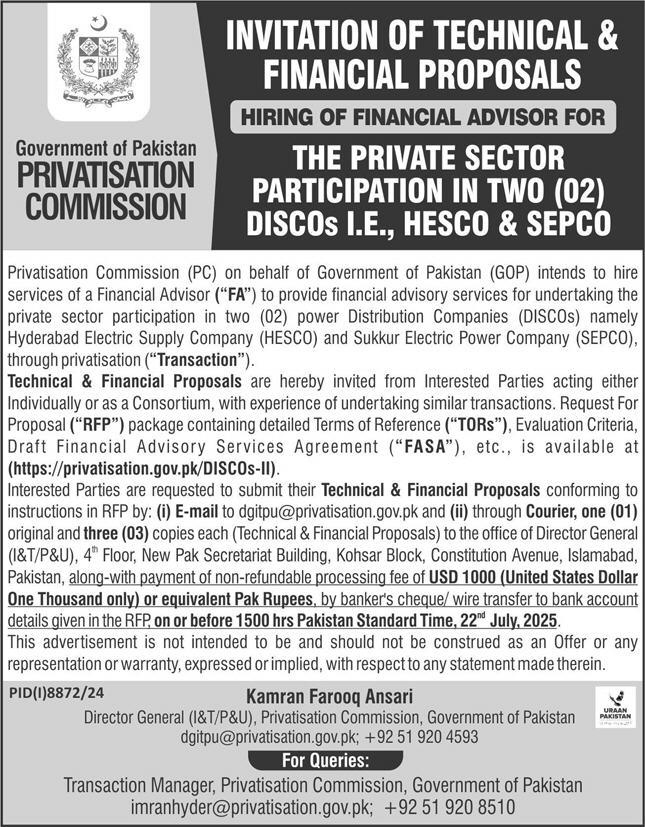 Privatistion Commission Islamabad Tender Notice